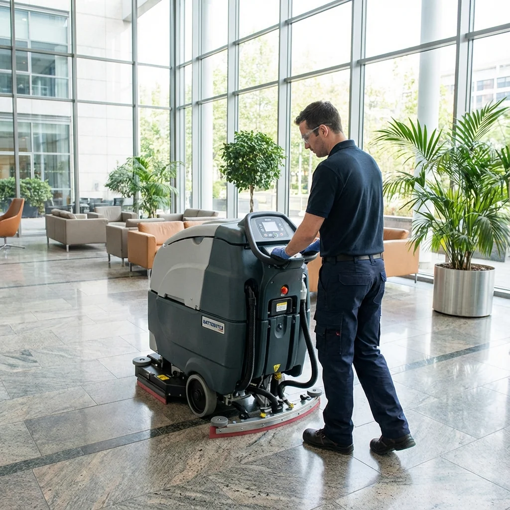 Agent d'entretien professionnel utilisant une autolaveuse dans un hall moderne