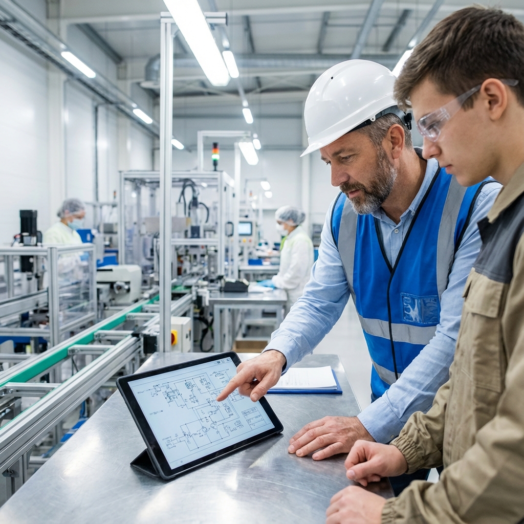 Chef d'équipe en usine expliquant un schéma