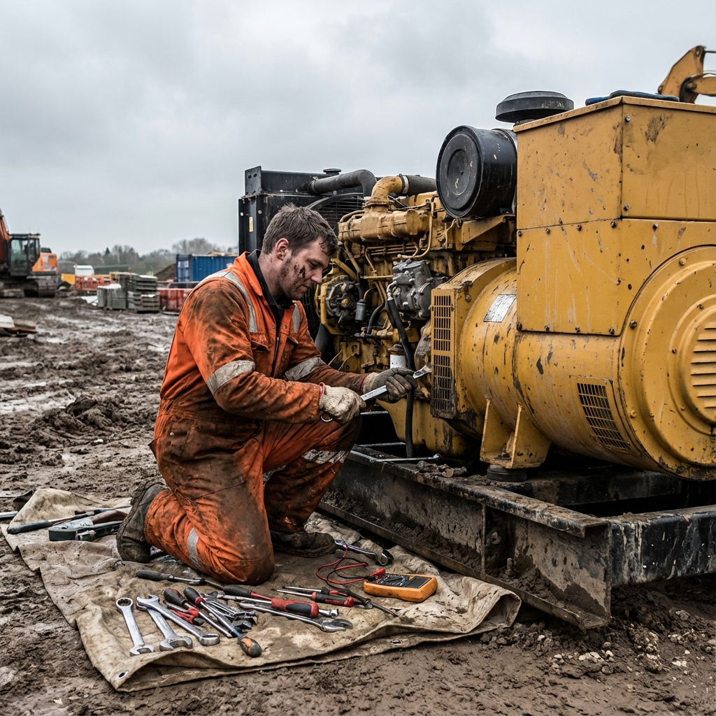 Mécanicien réparant un engin de chantier