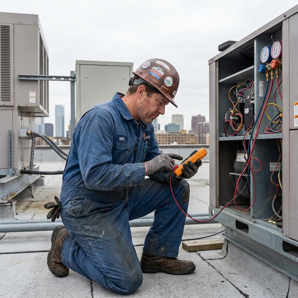 Technicien réparant un équipement