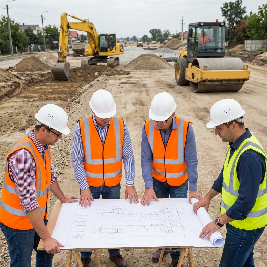 Équipe TP étudiant un plan sur chantier routier