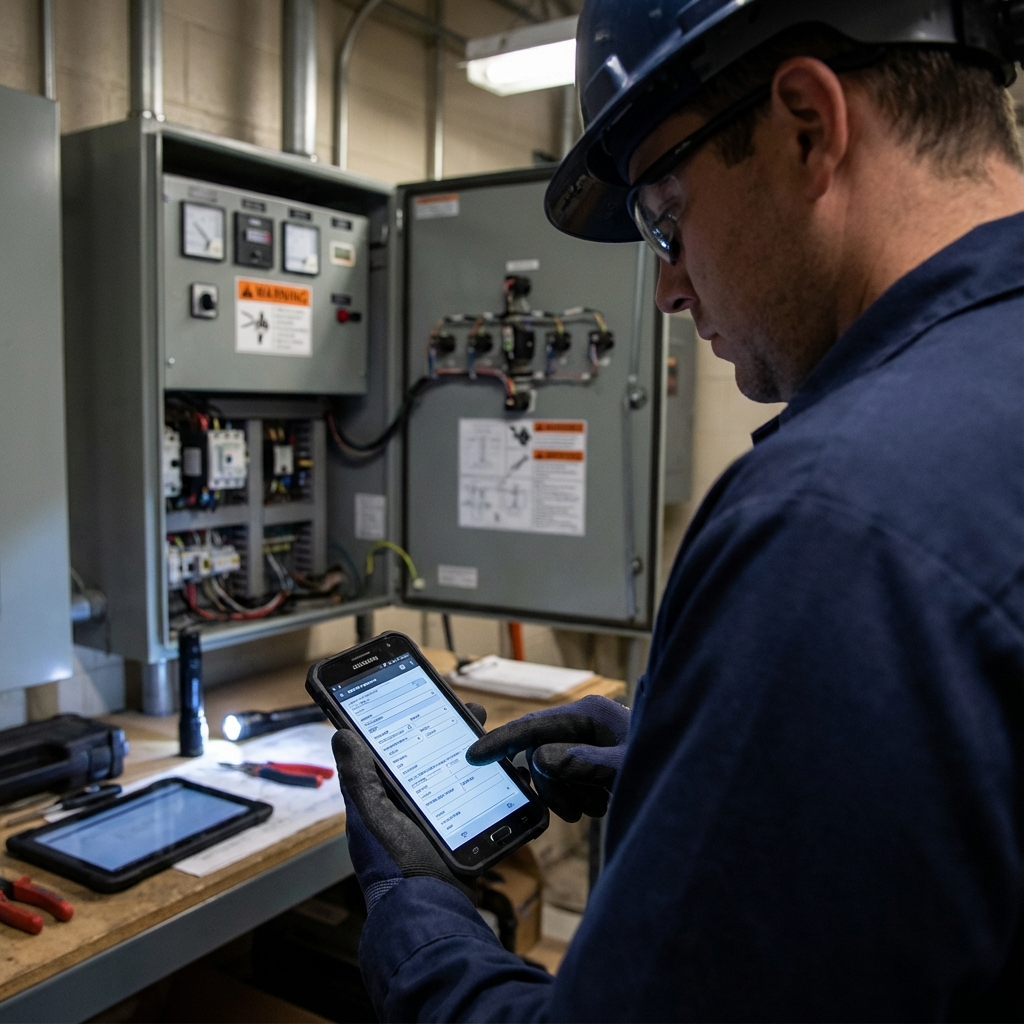 Technicien remplissant un formulaire sur smartphone