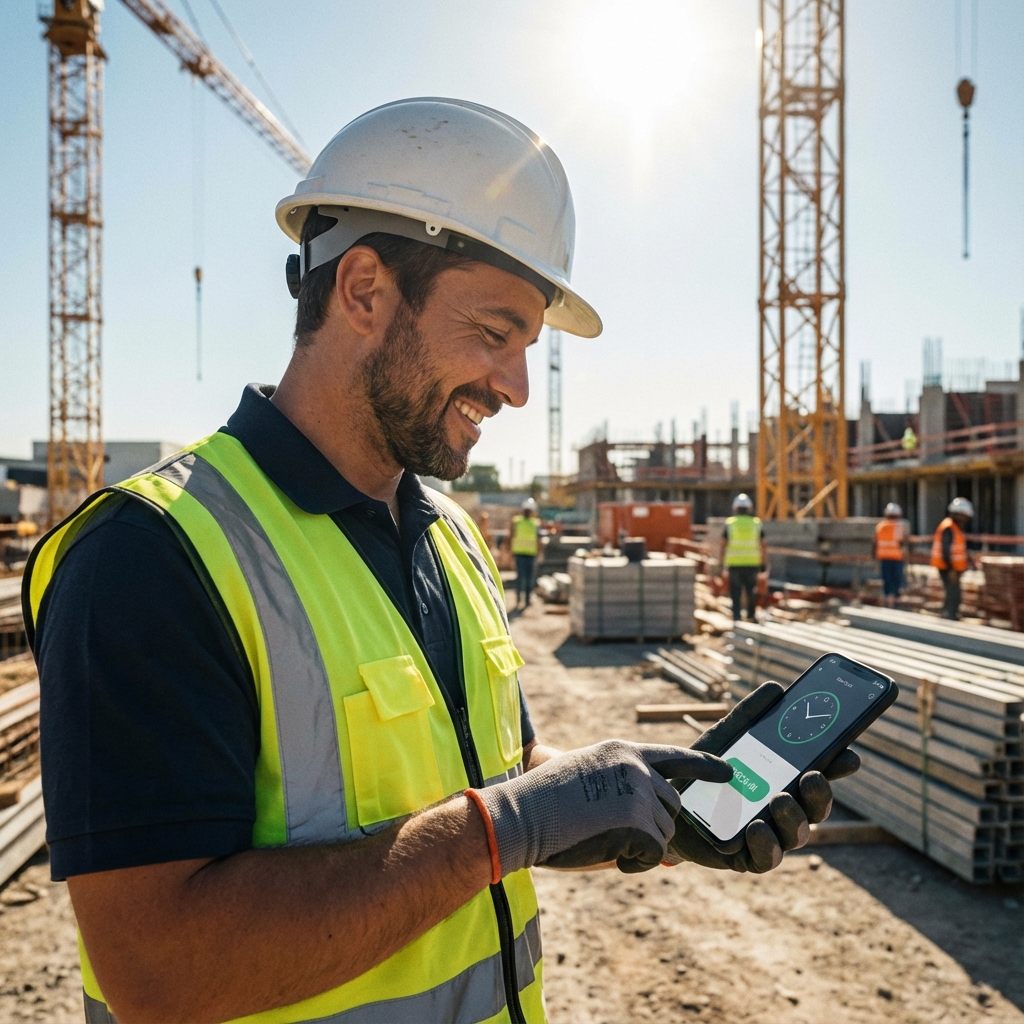 Employé pointant sur mobile sur un chantier